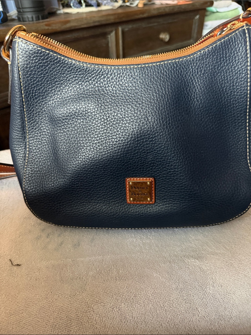 Dooney & Bourke Navy Pebbled Leather Shoulder Hobo with Tan Trim